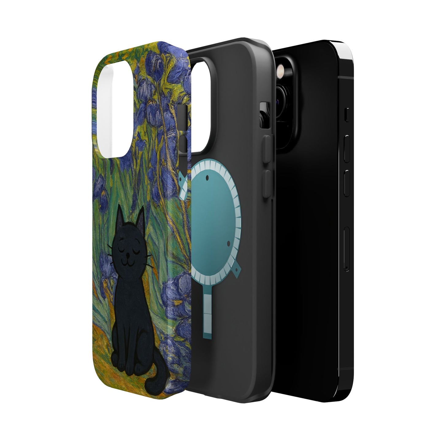 Peaceful Cat in Irises โ Van Gogh Inspired โ iPhone 16, 15, 14, 13 โ MagSafe Magnetic Tough Case by HitStickers