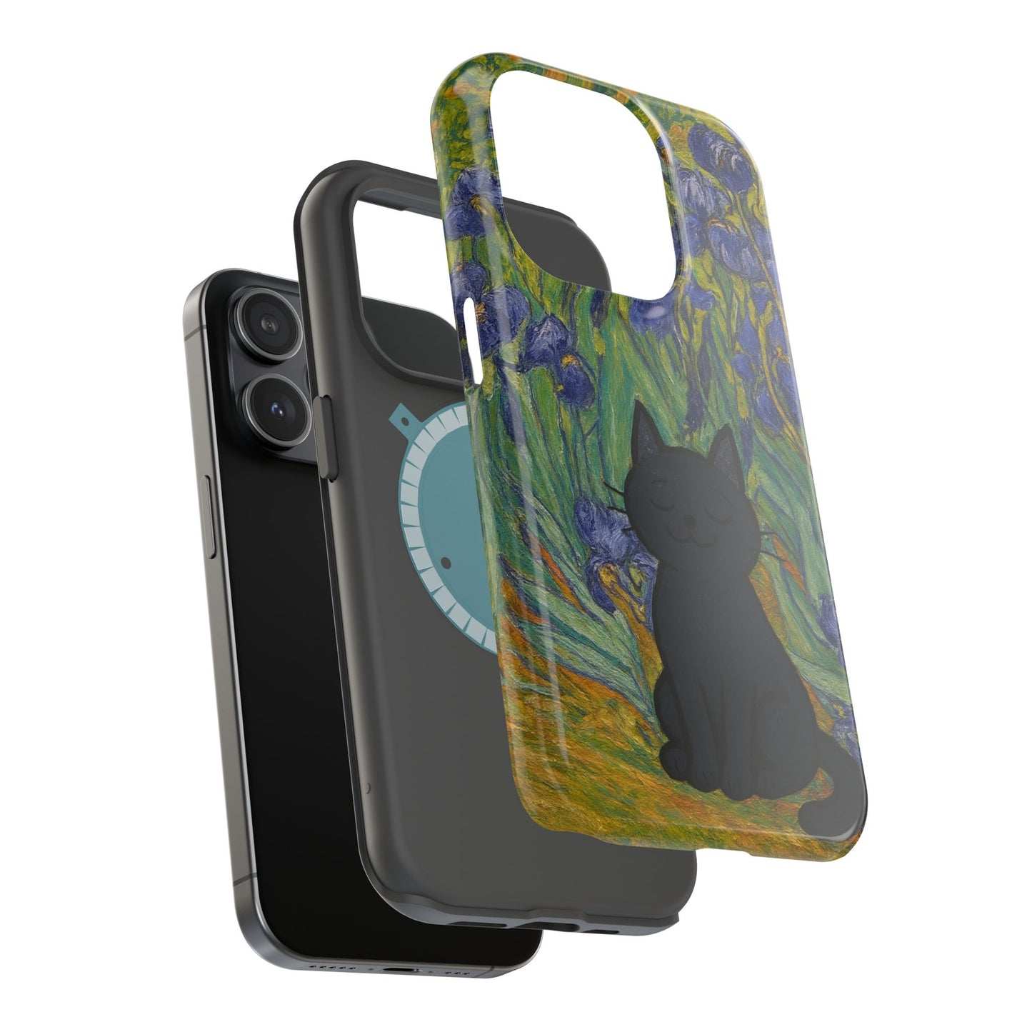 Peaceful Cat in Irises โ Van Gogh Inspired โ iPhone 16, 15, 14, 13 โ MagSafe Magnetic Tough Case by HitStickers