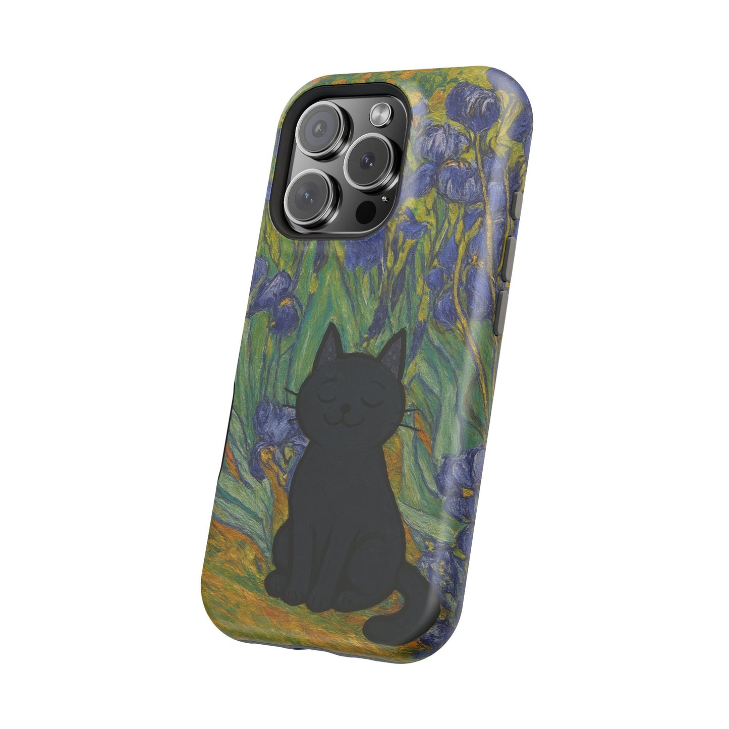 Peaceful Cat in Irises โ Van Gogh Inspired โ iPhone 16, 15, 14, 13 โ MagSafe Magnetic Tough Case by HitStickers