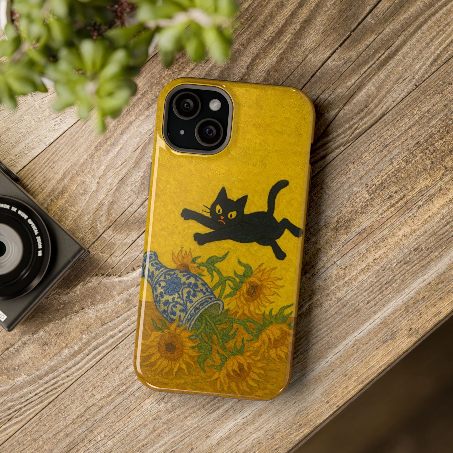 Mischievous Cat & Sunflowers โ Van Gogh Inspired โ iPhone 16, 15, 14, 13 โ MagSafe Magnetic Tough Case by HitStickers