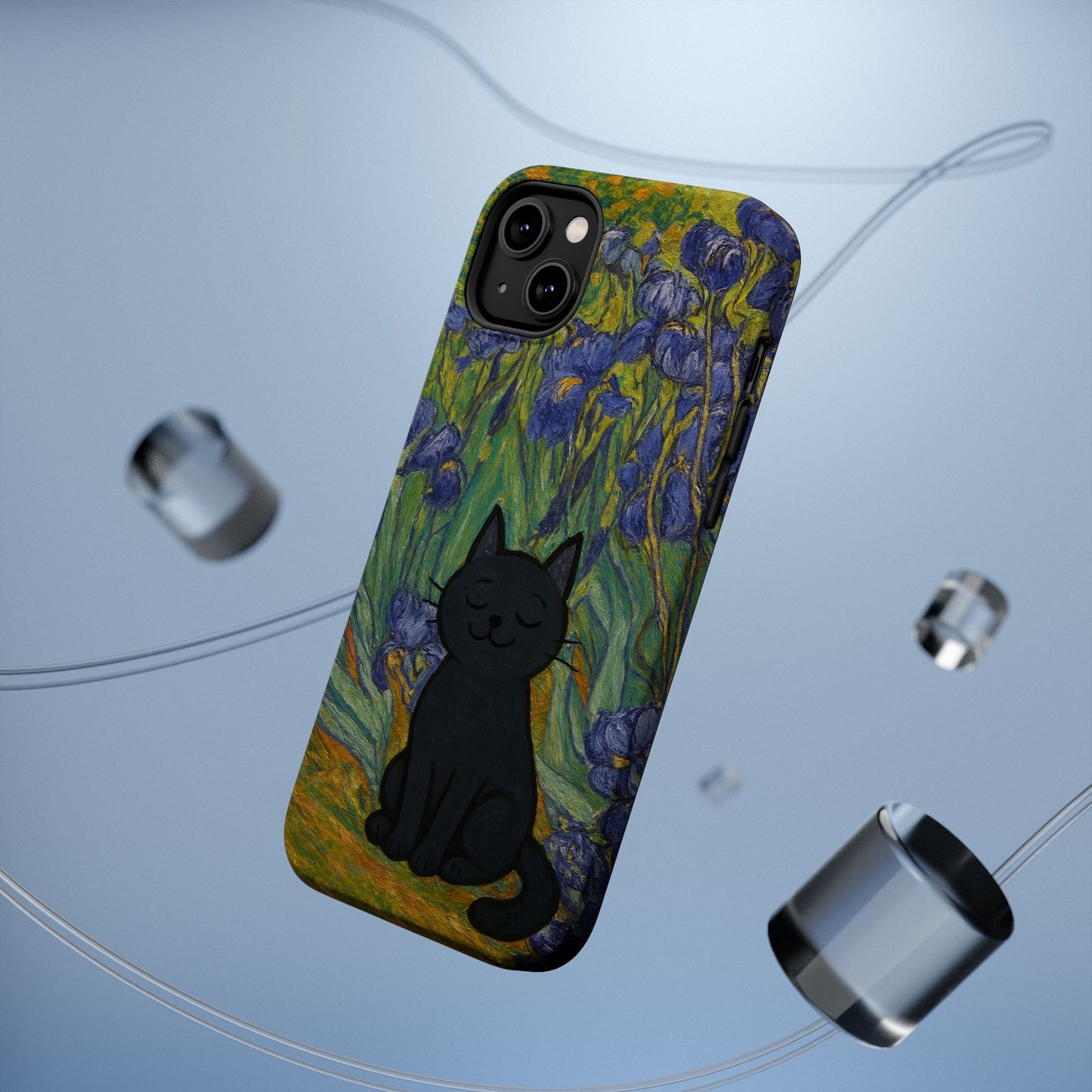 Peaceful Cat in Irises โ Van Gogh Inspired โ iPhone 16, 15, 14, 13 โ MagSafe Magnetic Tough Case by HitStickers