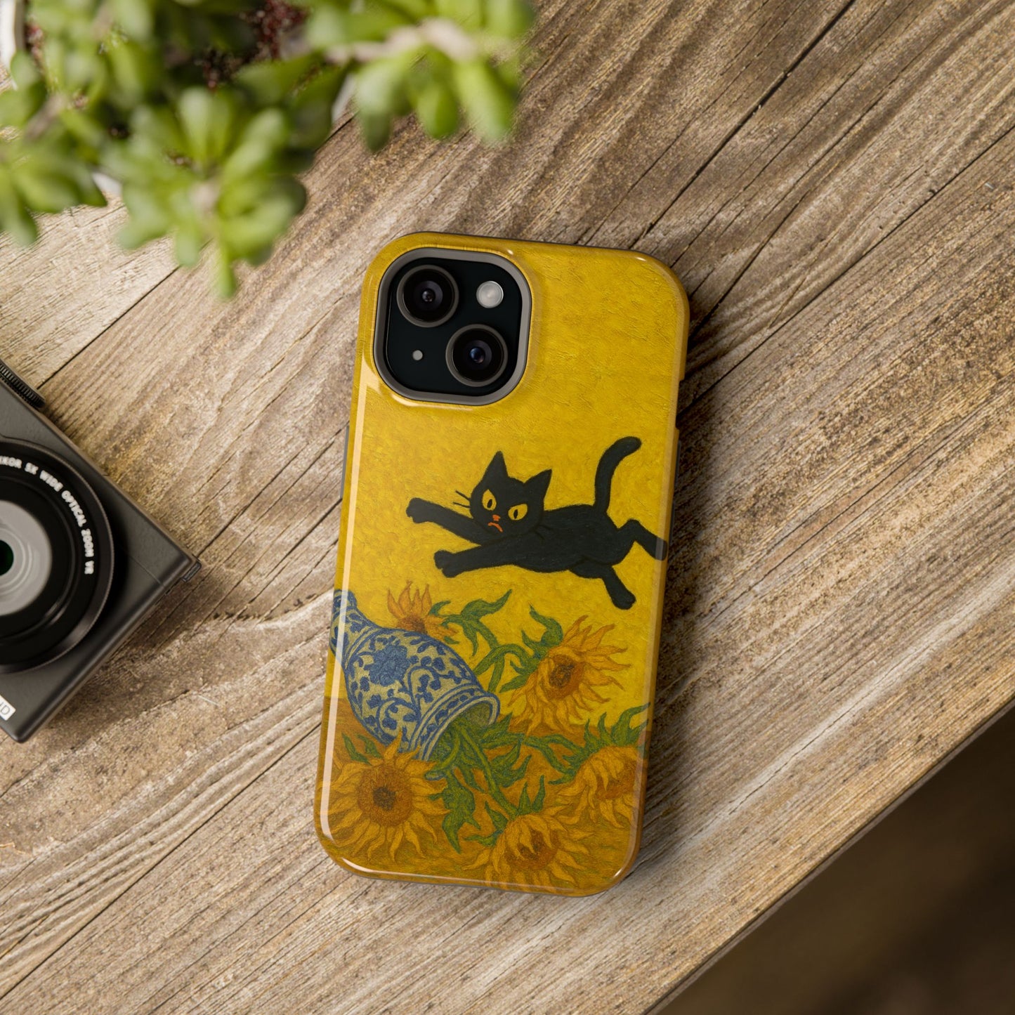Mischievous Cat & Sunflowers โ Van Gogh Inspired โ iPhone 16, 15, 14, 13 โ MagSafe Magnetic Tough Case by HitStickers