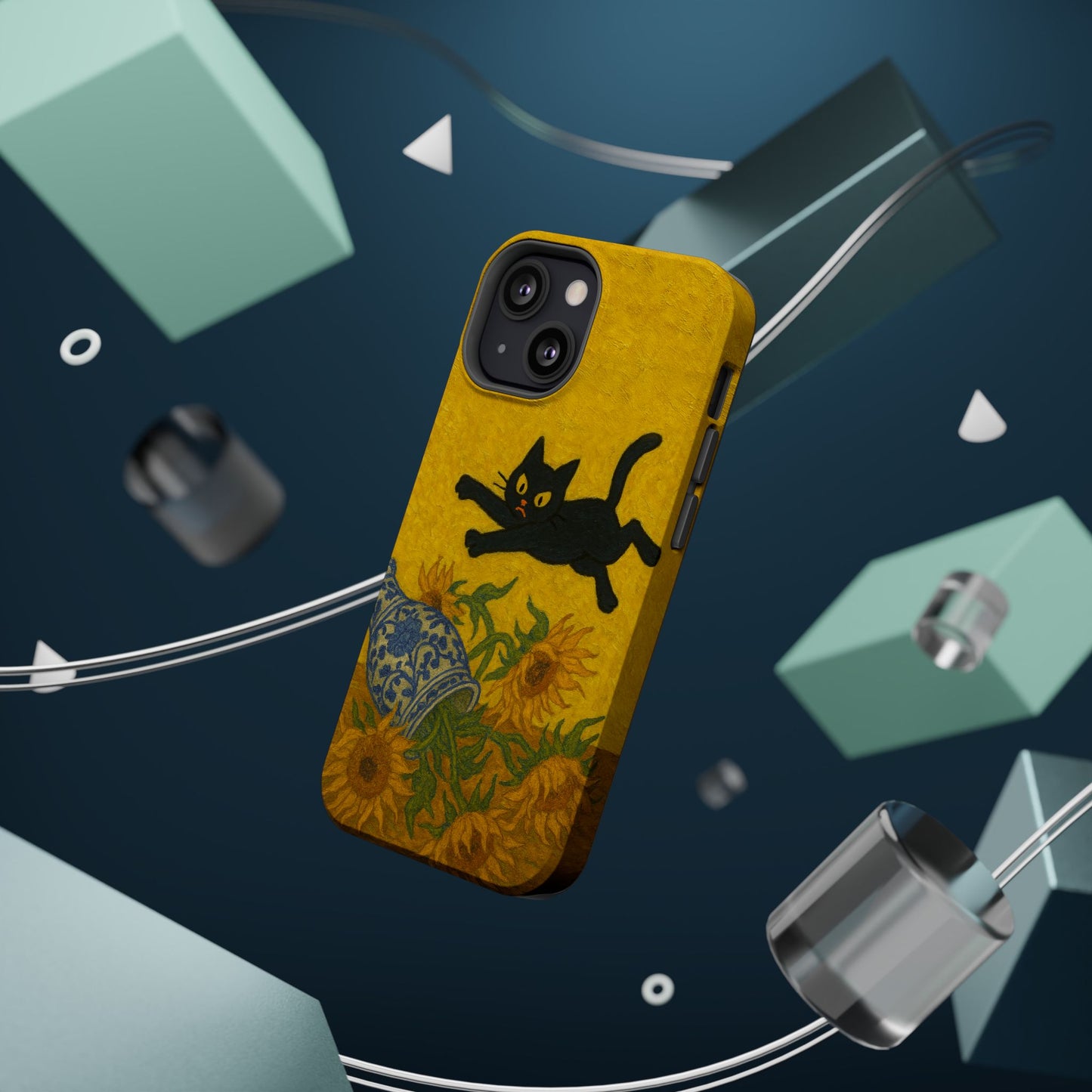 Mischievous Cat & Sunflowers โ Van Gogh Inspired โ iPhone 16, 15, 14, 13 โ MagSafe Magnetic Tough Case by HitStickers