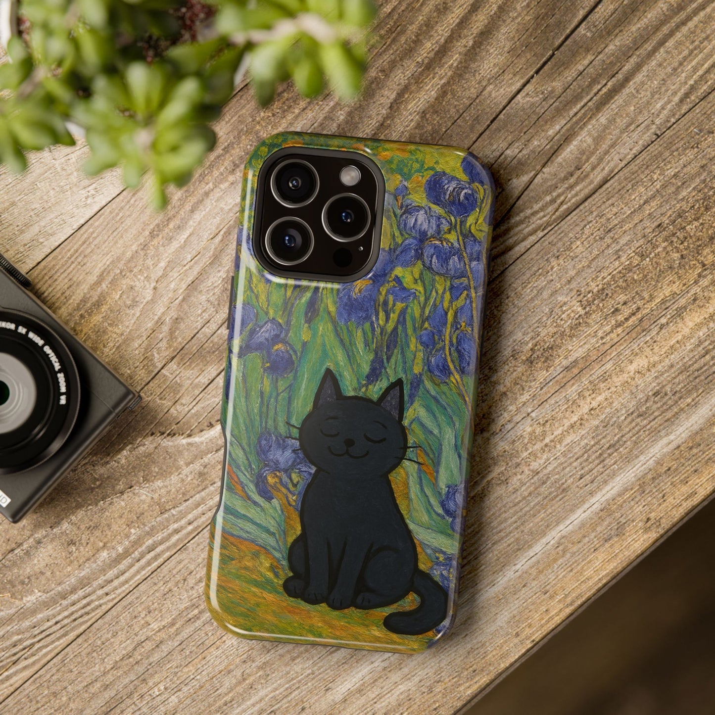 Peaceful Cat in Irises โ Van Gogh Inspired โ iPhone 16, 15, 14, 13 โ MagSafe Magnetic Tough Case by HitStickers