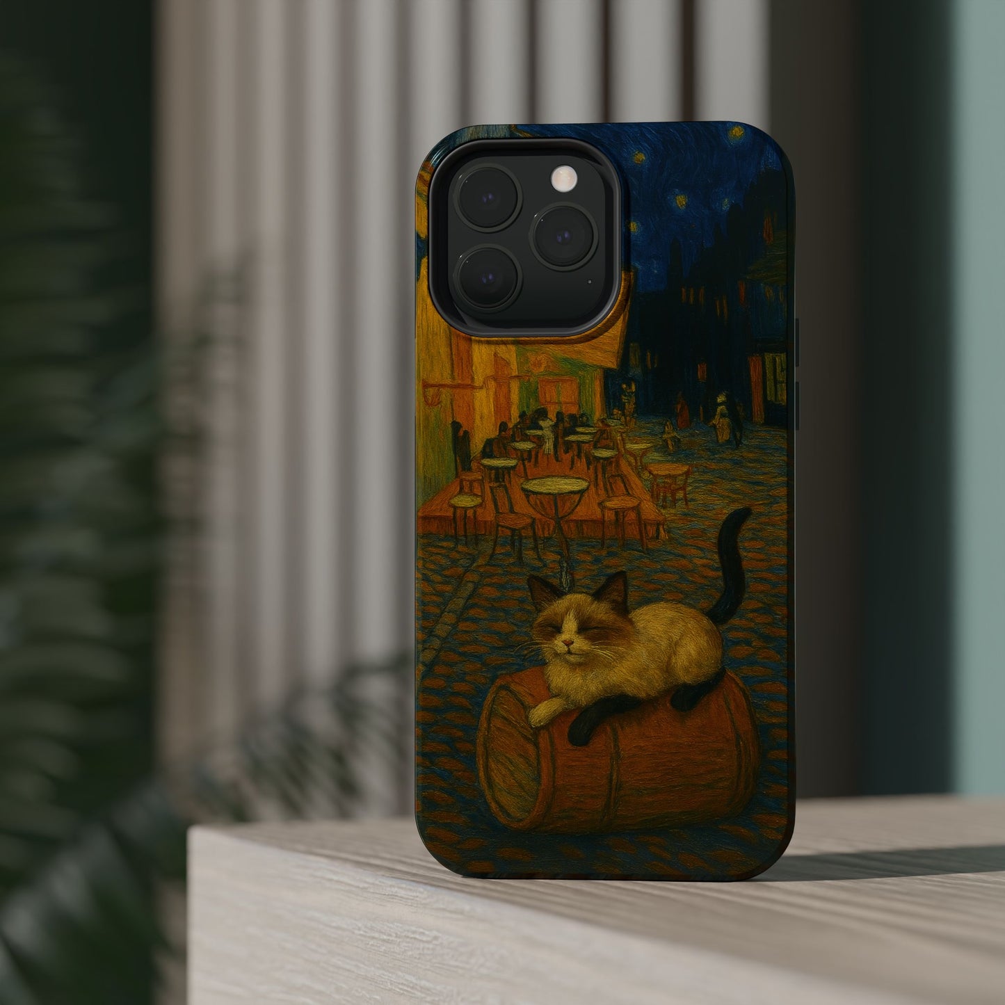 Café Cat at Night – Van Gogh Inspired – iPhone 16, 15, 14, 13 – MagSafe Magnetic Tough Case by HitStickers
