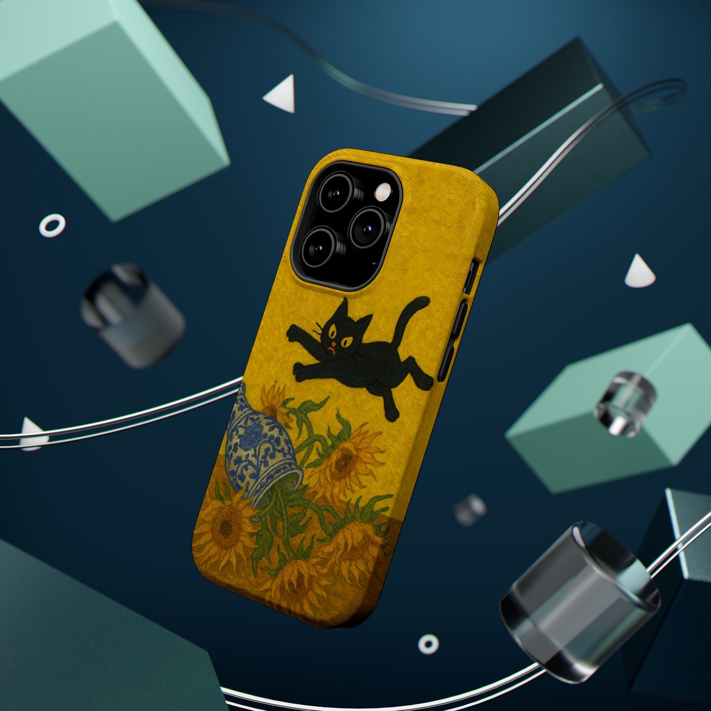 Mischievous Cat & Sunflowers โ Van Gogh Inspired โ iPhone 16, 15, 14, 13 โ MagSafe Magnetic Tough Case by HitStickers