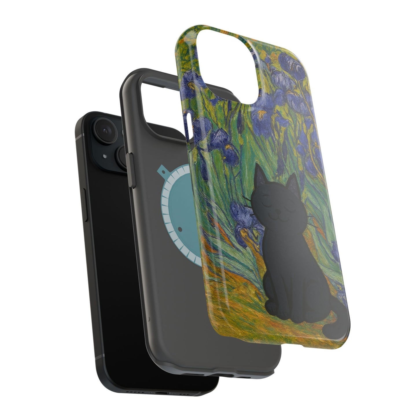 Peaceful Cat in Irises โ Van Gogh Inspired โ iPhone 16, 15, 14, 13 โ MagSafe Magnetic Tough Case by HitStickers
