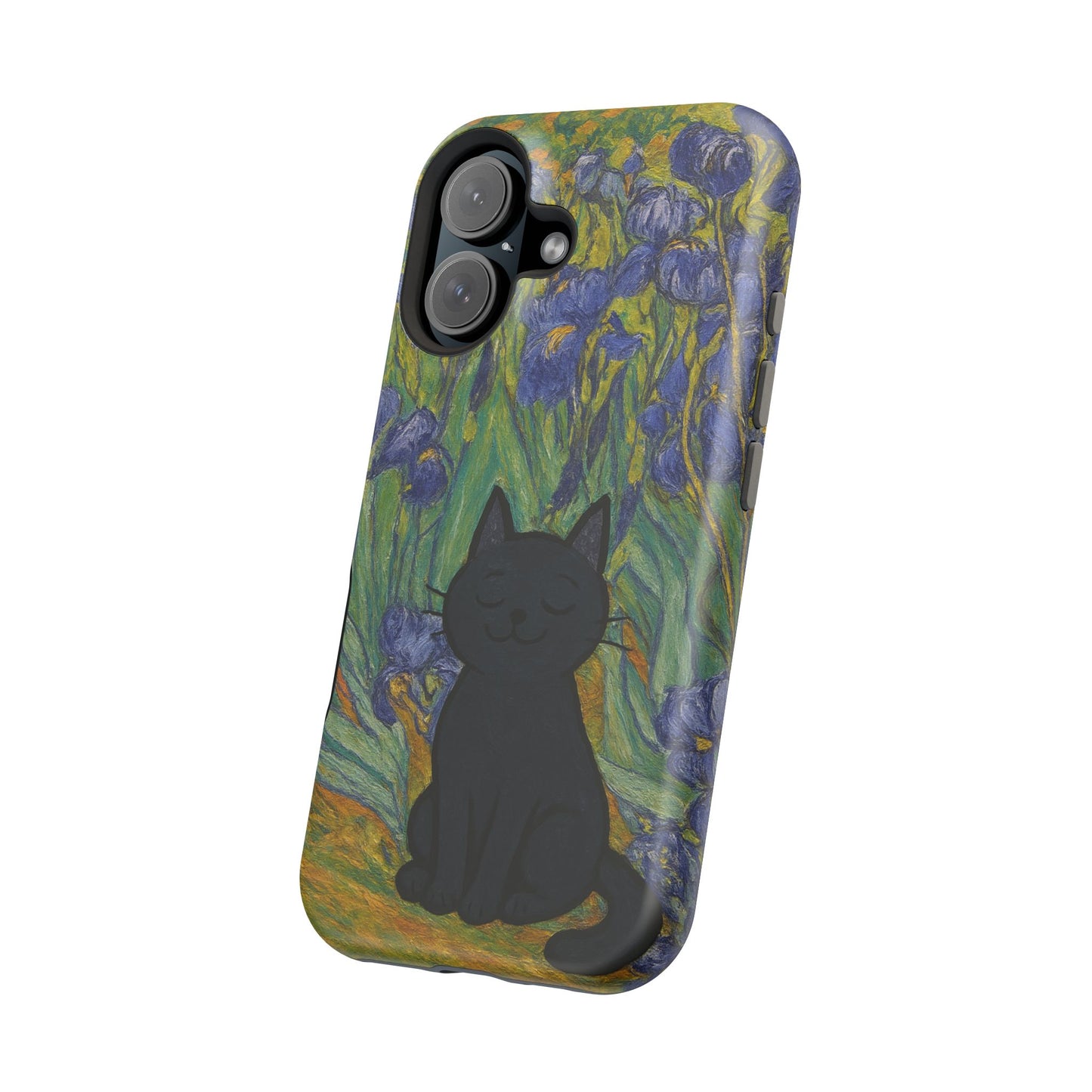 Peaceful Cat in Irises โ Van Gogh Inspired โ iPhone 16, 15, 14, 13 โ MagSafe Magnetic Tough Case by HitStickers