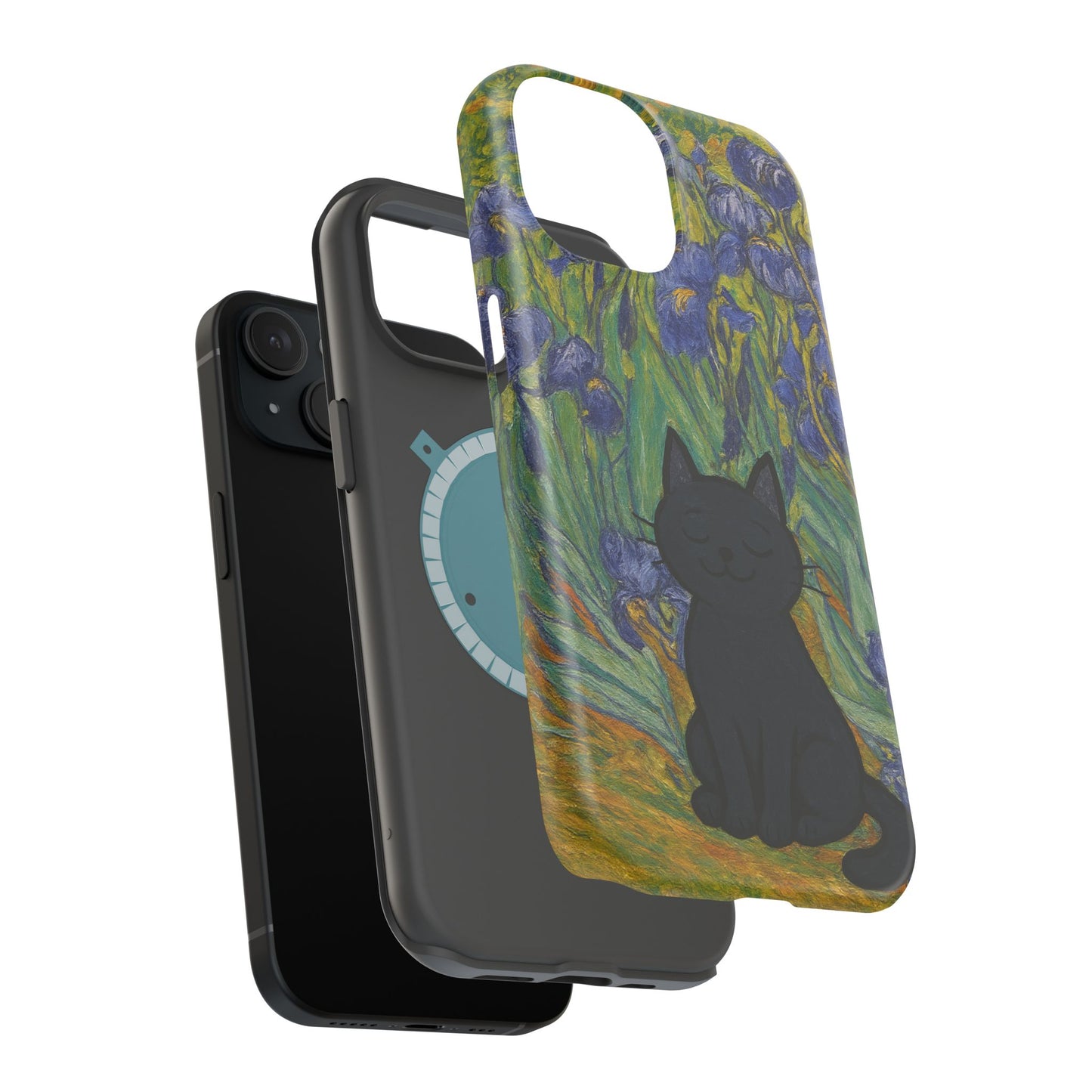 Peaceful Cat in Irises โ Van Gogh Inspired โ iPhone 16, 15, 14, 13 โ MagSafe Magnetic Tough Case by HitStickers