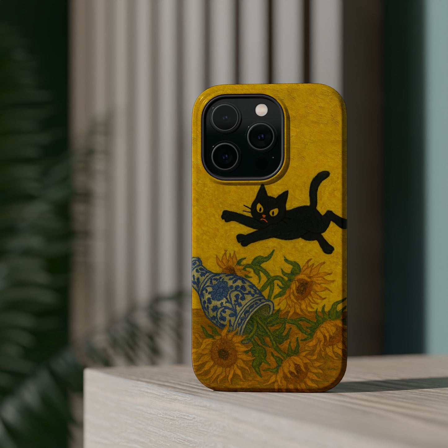 Mischievous Cat & Sunflowers โ Van Gogh Inspired โ iPhone 16, 15, 14, 13 โ MagSafe Magnetic Tough Case by HitStickers
