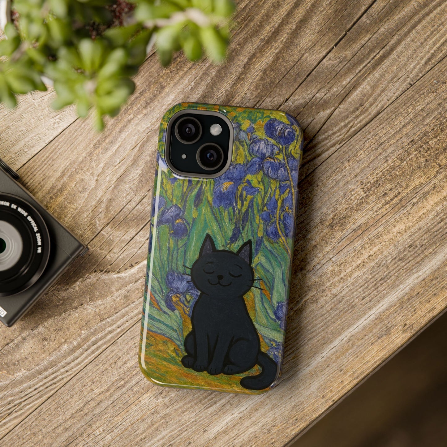 Peaceful Cat in Irises โ Van Gogh Inspired โ iPhone 16, 15, 14, 13 โ MagSafe Magnetic Tough Case by HitStickers