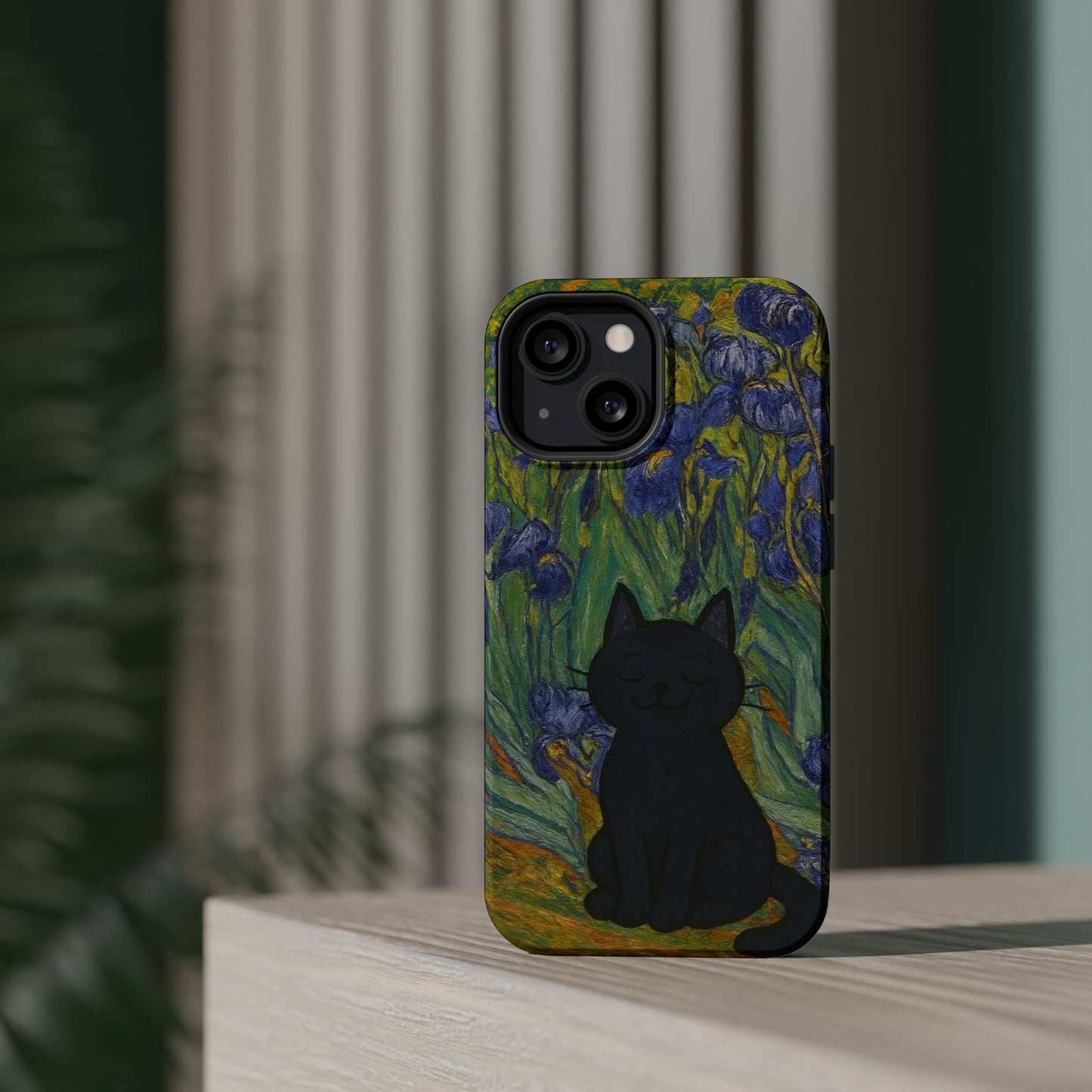 Peaceful Cat in Irises โ Van Gogh Inspired โ iPhone 16, 15, 14, 13 โ MagSafe Magnetic Tough Case by HitStickers
