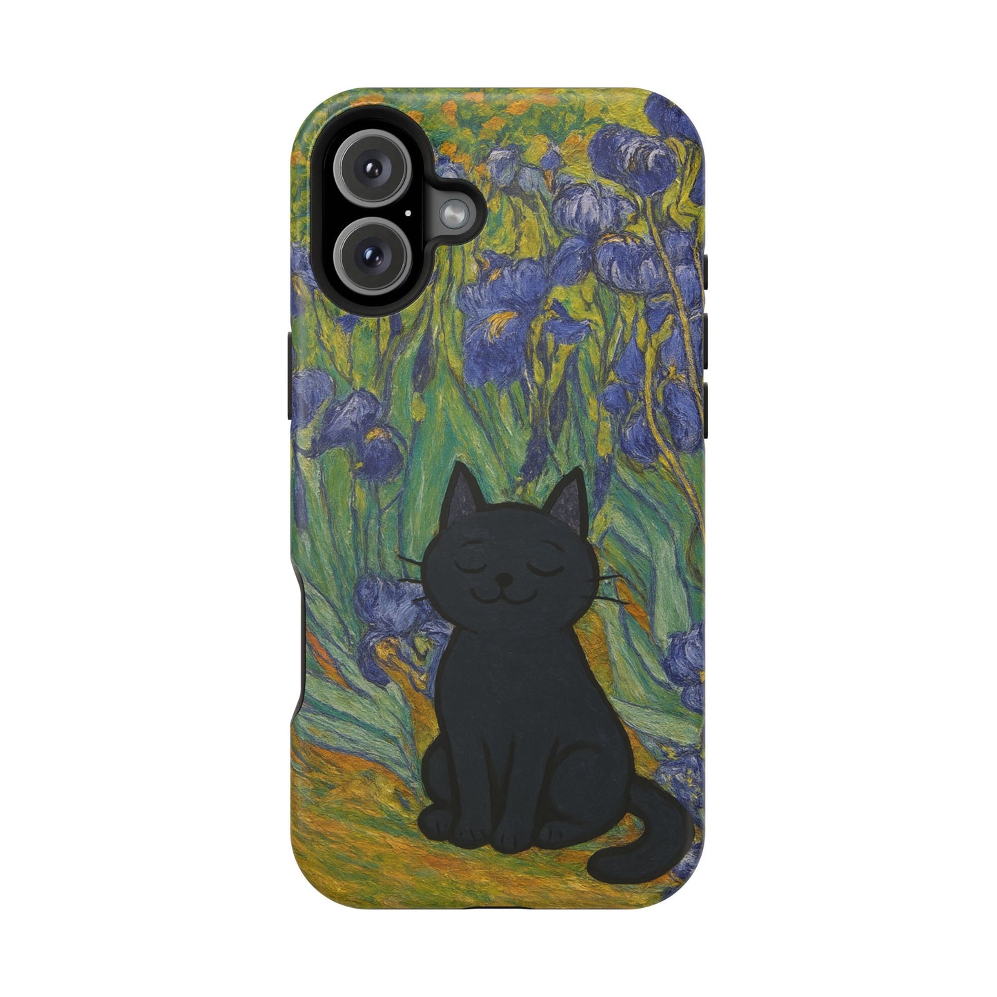 Peaceful Cat in Irises โ Van Gogh Inspired โ iPhone 16, 15, 14, 13 โ MagSafe Magnetic Tough Case by HitStickers