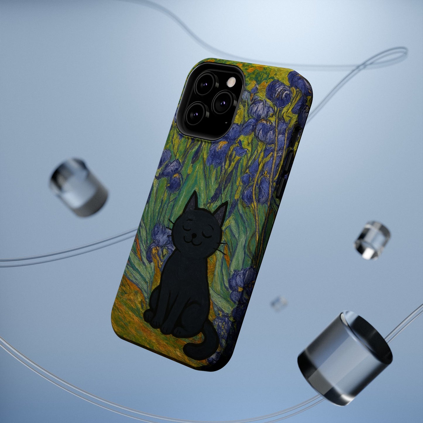 Peaceful Cat in Irises โ Van Gogh Inspired โ iPhone 16, 15, 14, 13 โ MagSafe Magnetic Tough Case by HitStickers