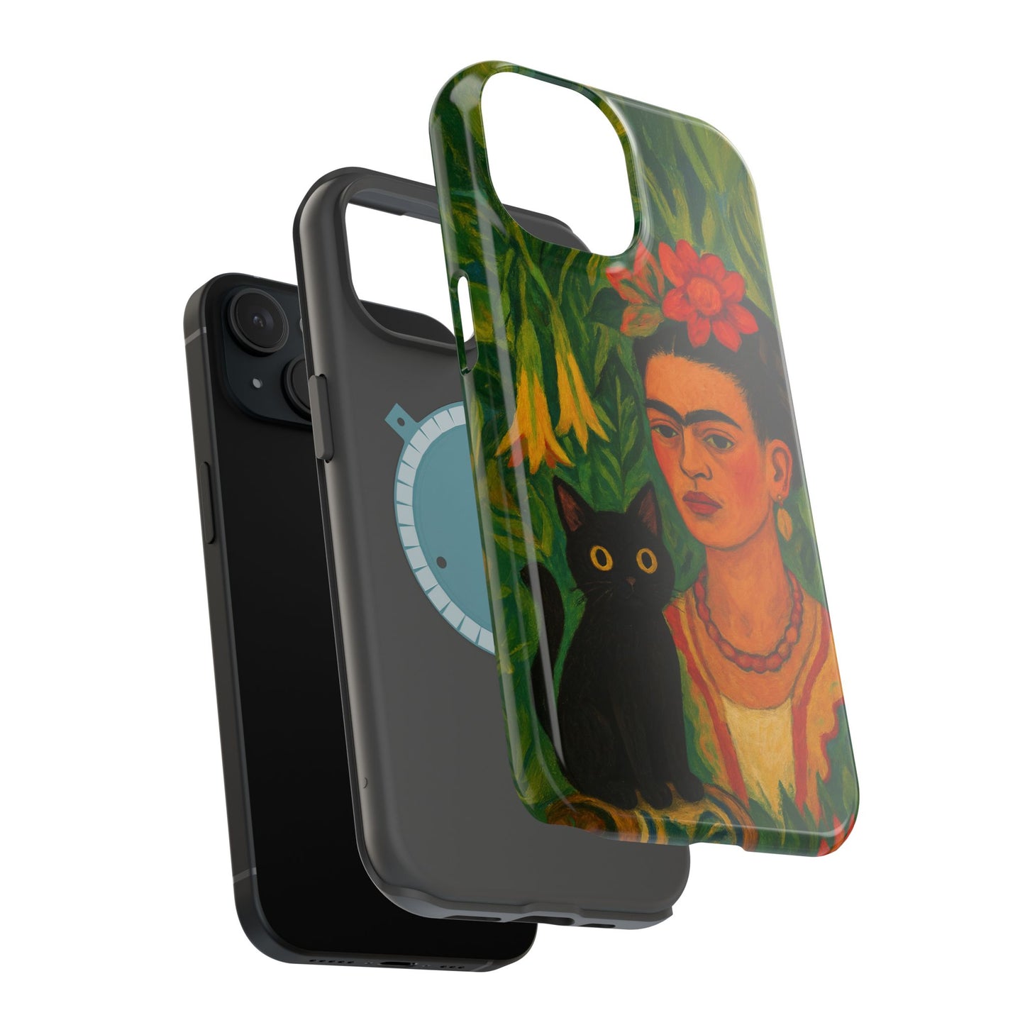 Frida & the Black Cat โ Kahlo Inspired โ iPhone 16, 15, 14, 13 โ MagSafe Magnetic Tough Case by HitStickers