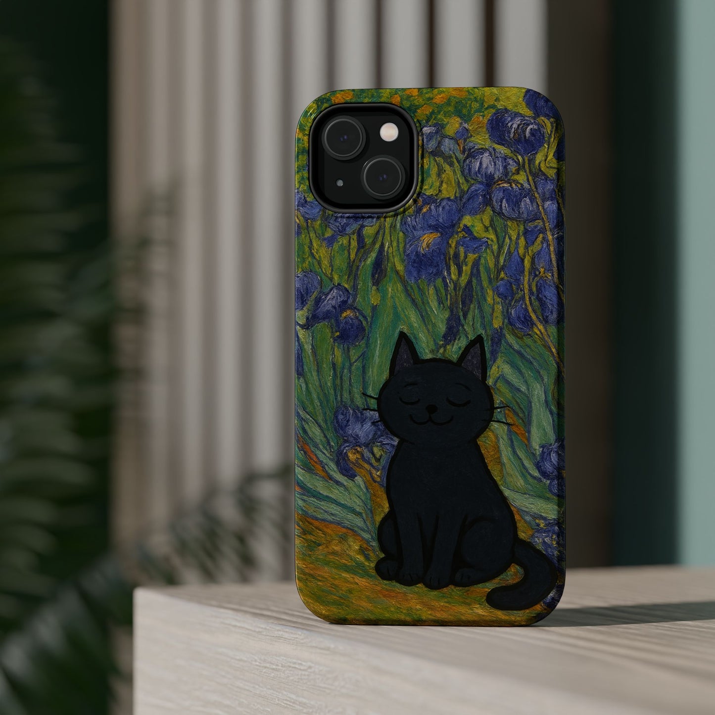 Peaceful Cat in Irises โ Van Gogh Inspired โ iPhone 16, 15, 14, 13 โ MagSafe Magnetic Tough Case by HitStickers