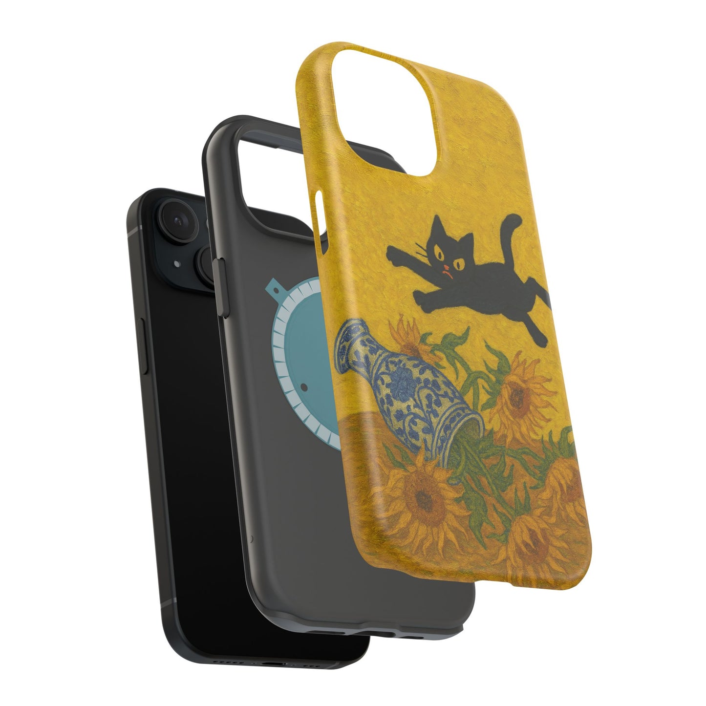 Mischievous Cat & Sunflowers โ Van Gogh Inspired โ iPhone 16, 15, 14, 13 โ MagSafe Magnetic Tough Case by HitStickers