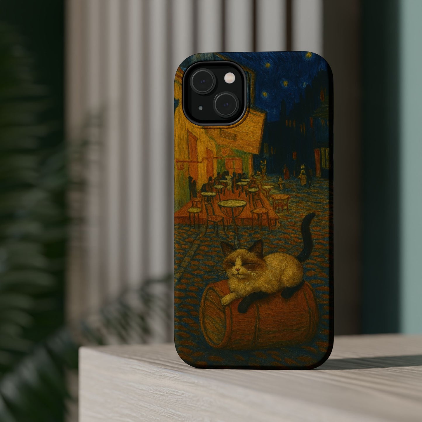 Café Cat at Night – Van Gogh Inspired – iPhone 16, 15, 14, 13 – MagSafe Magnetic Tough Case by HitStickers