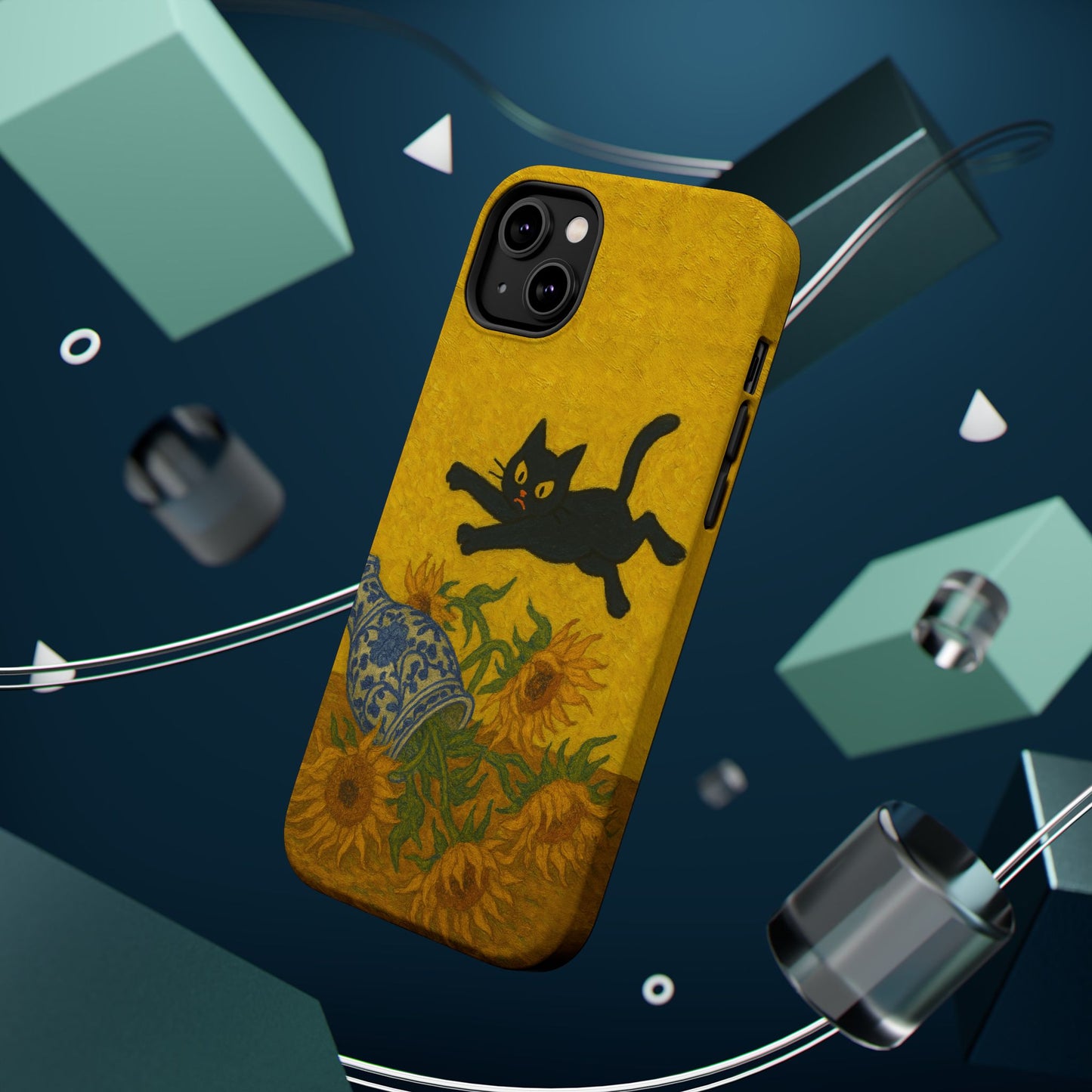 Mischievous Cat & Sunflowers โ Van Gogh Inspired โ iPhone 16, 15, 14, 13 โ MagSafe Magnetic Tough Case by HitStickers