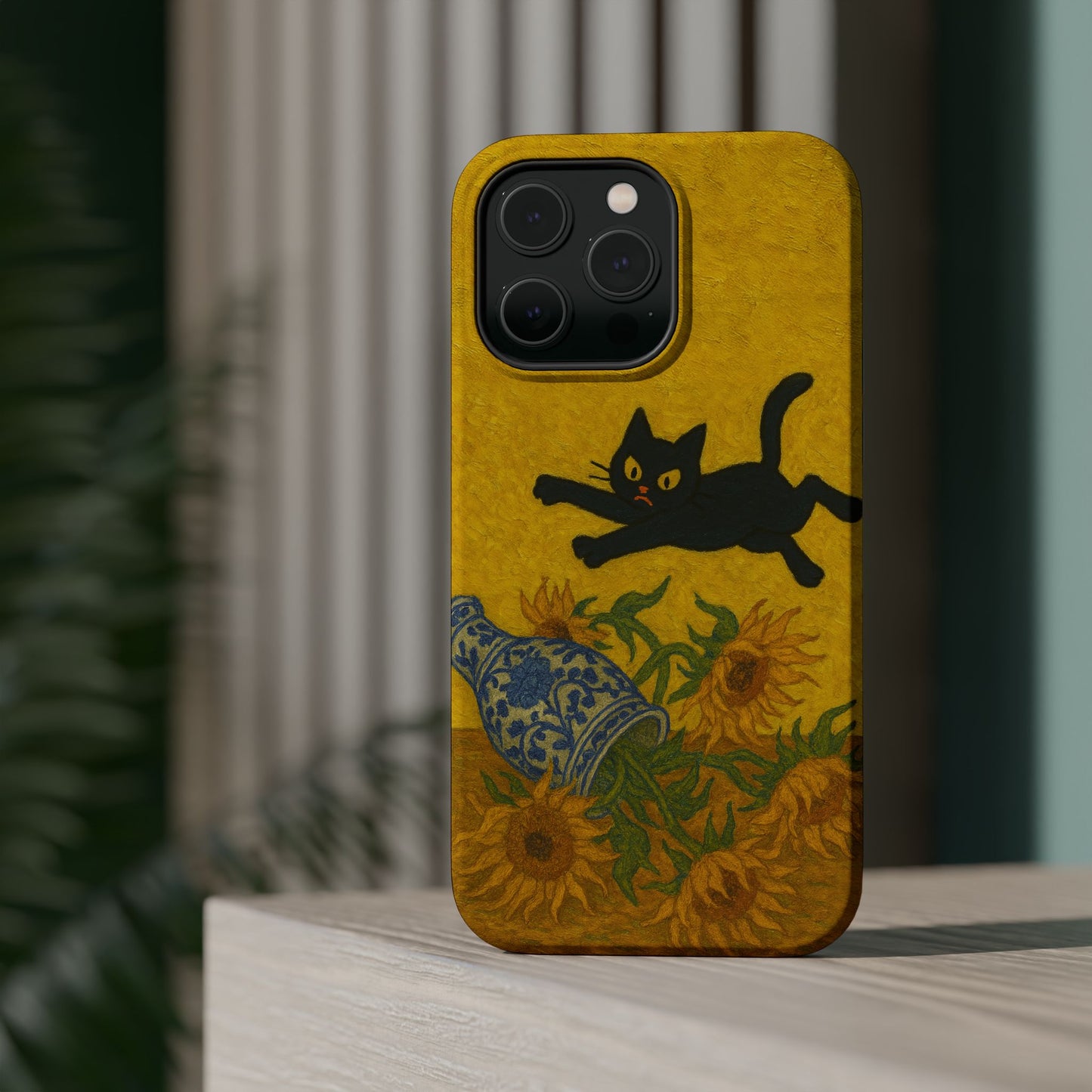 Mischievous Cat & Sunflowers โ Van Gogh Inspired โ iPhone 16, 15, 14, 13 โ MagSafe Magnetic Tough Case by HitStickers