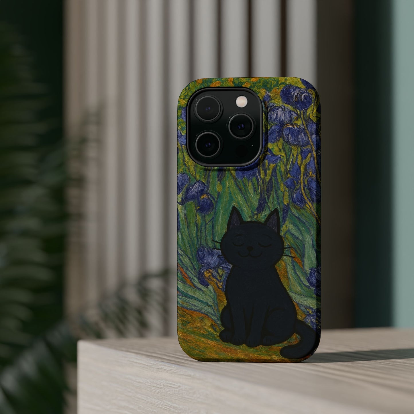 Peaceful Cat in Irises โ Van Gogh Inspired โ iPhone 16, 15, 14, 13 โ MagSafe Magnetic Tough Case by HitStickers