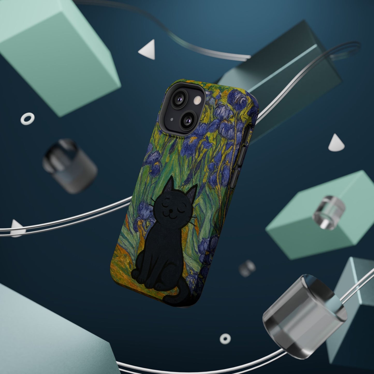 Peaceful Cat in Irises โ Van Gogh Inspired โ iPhone 16, 15, 14, 13 โ MagSafe Magnetic Tough Case by HitStickers
