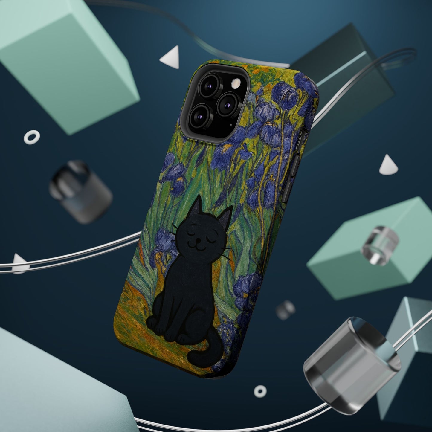 Peaceful Cat in Irises – Van Gogh Inspired – iPhone 16, 15, 14, 13 – MagSafe Magnetic Tough Case by HitStickers