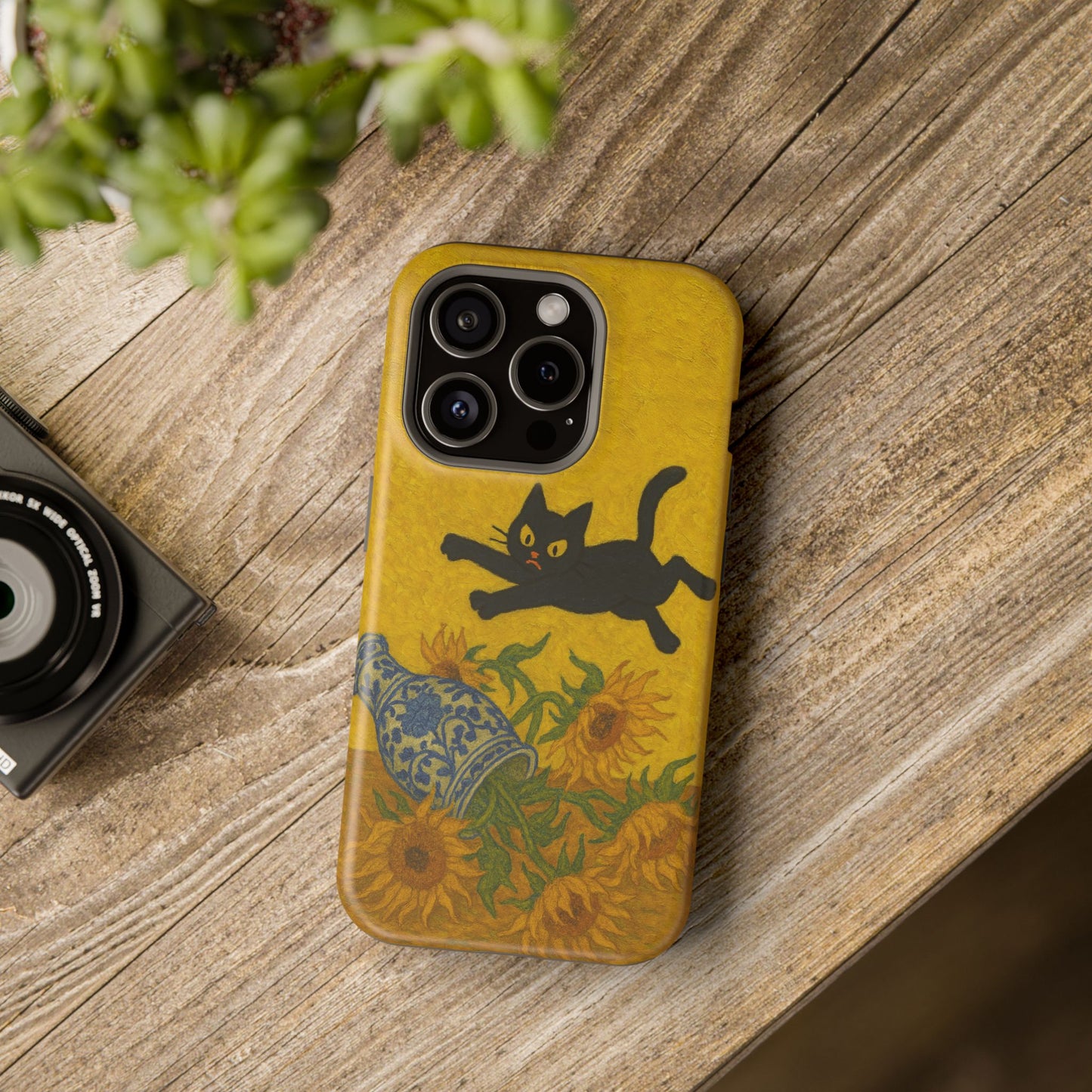Mischievous Cat & Sunflowers – Van Gogh Inspired – iPhone 16, 15, 14, 13 – MagSafe Magnetic Tough Case by HitStickers