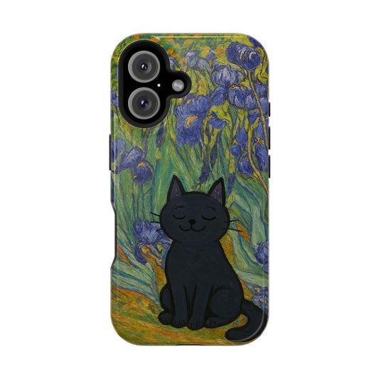Peaceful Cat in Irises – Van Gogh Inspired – iPhone 16, 15, 14, 13 – MagSafe Magnetic Tough Case by HitStickers