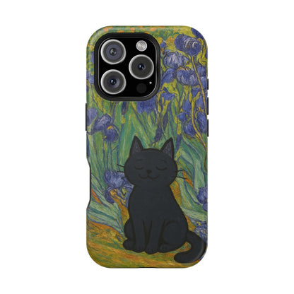 Peaceful Cat in Irises – Van Gogh Inspired – iPhone 16, 15, 14, 13 – MagSafe Magnetic Tough Case by HitStickers
