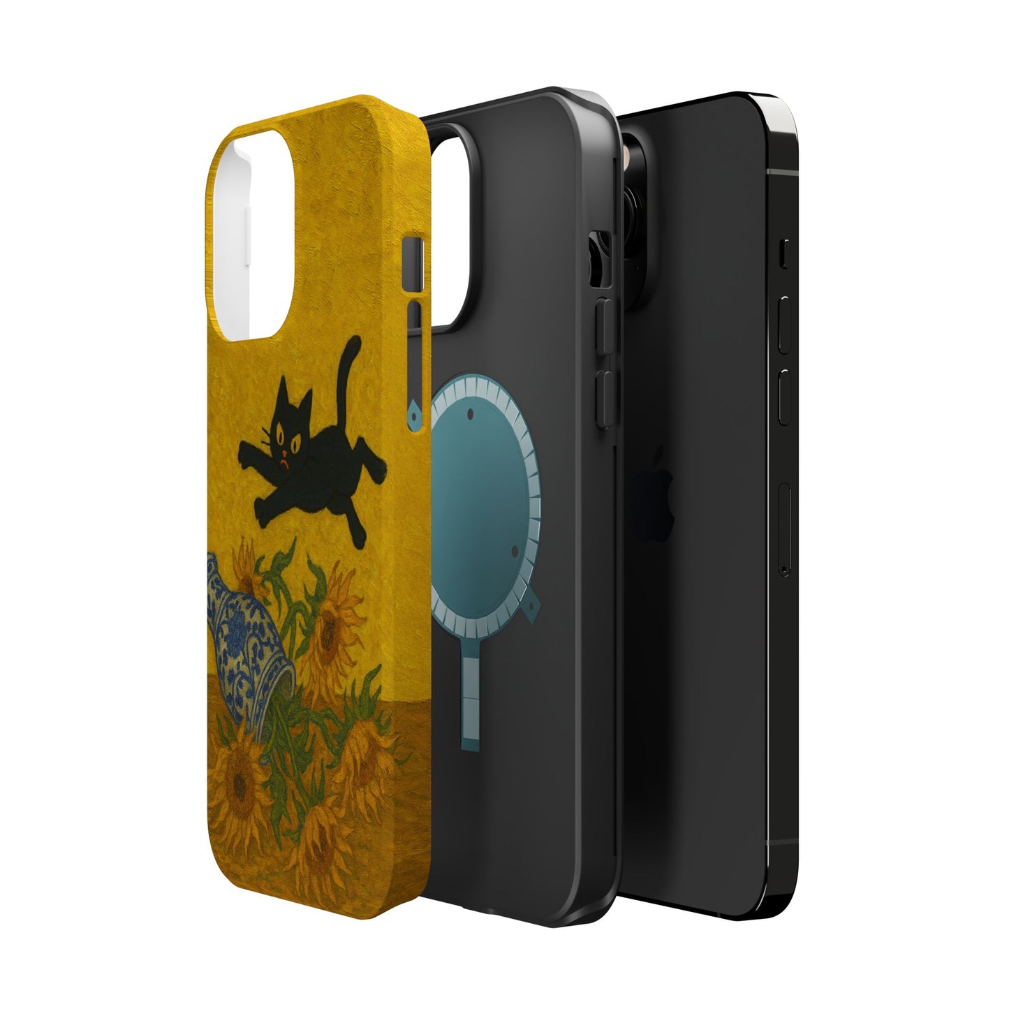 Mischievous Cat & Sunflowers – Van Gogh Inspired – iPhone 16, 15, 14, 13 – MagSafe Magnetic Tough Case by HitStickers