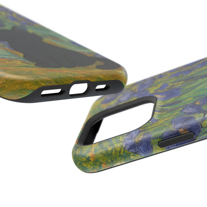 Peaceful Cat in Irises – Van Gogh Inspired – iPhone 16, 15, 14, 13 – MagSafe Magnetic Tough Case by HitStickers