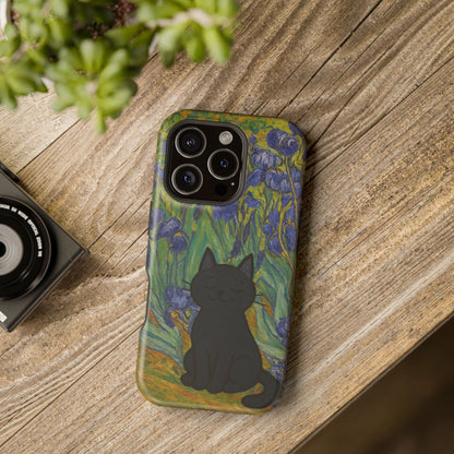 Peaceful Cat in Irises – Van Gogh Inspired – iPhone 16, 15, 14, 13 – MagSafe Magnetic Tough Case by HitStickers