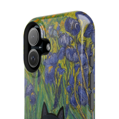 Peaceful Cat in Irises – Van Gogh Inspired – iPhone 16, 15, 14, 13 – MagSafe Magnetic Tough Case by HitStickers
