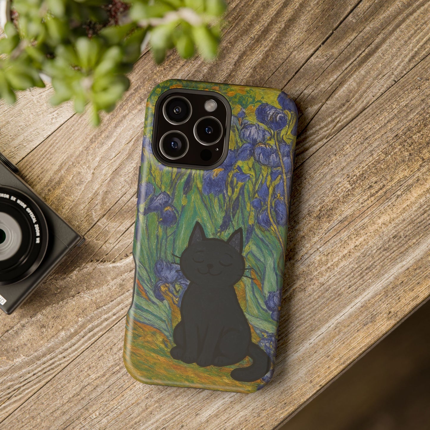 Peaceful Cat in Irises – Van Gogh Inspired – iPhone 16, 15, 14, 13 – MagSafe Magnetic Tough Case by HitStickers