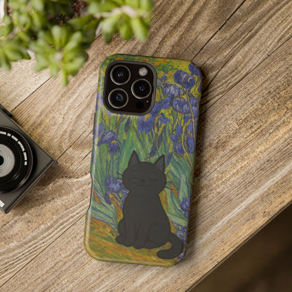 Peaceful Cat in Irises – Van Gogh Inspired – iPhone 16, 15, 14, 13 – MagSafe Magnetic Tough Case by HitStickers