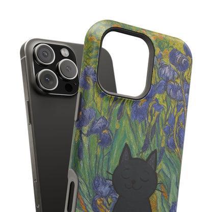 Peaceful Cat in Irises – Van Gogh Inspired – iPhone 16, 15, 14, 13 – MagSafe Magnetic Tough Case by HitStickers