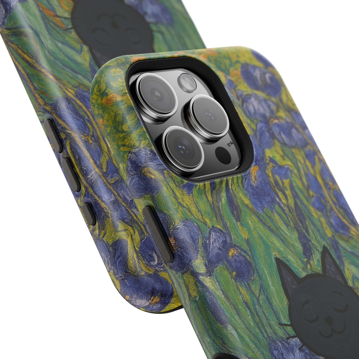 Peaceful Cat in Irises – Van Gogh Inspired – iPhone 16, 15, 14, 13 – MagSafe Magnetic Tough Case by HitStickers