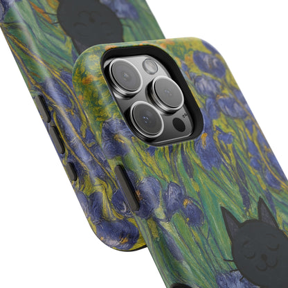 Peaceful Cat in Irises – Van Gogh Inspired – iPhone 16, 15, 14, 13 – MagSafe Magnetic Tough Case by HitStickers