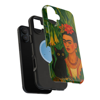 Frida & the Black Cat – Kahlo Inspired – iPhone 16, 15, 14, 13 – MagSafe Magnetic Tough Case by HitStickers
