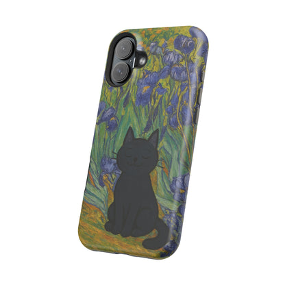 Peaceful Cat in Irises – Van Gogh Inspired – iPhone 16, 15, 14, 13 – MagSafe Magnetic Tough Case by HitStickers