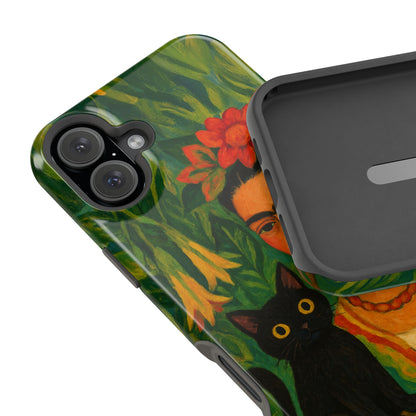 Frida & the Black Cat – Kahlo Inspired – iPhone 16, 15, 14, 13 – MagSafe Magnetic Tough Case by HitStickers