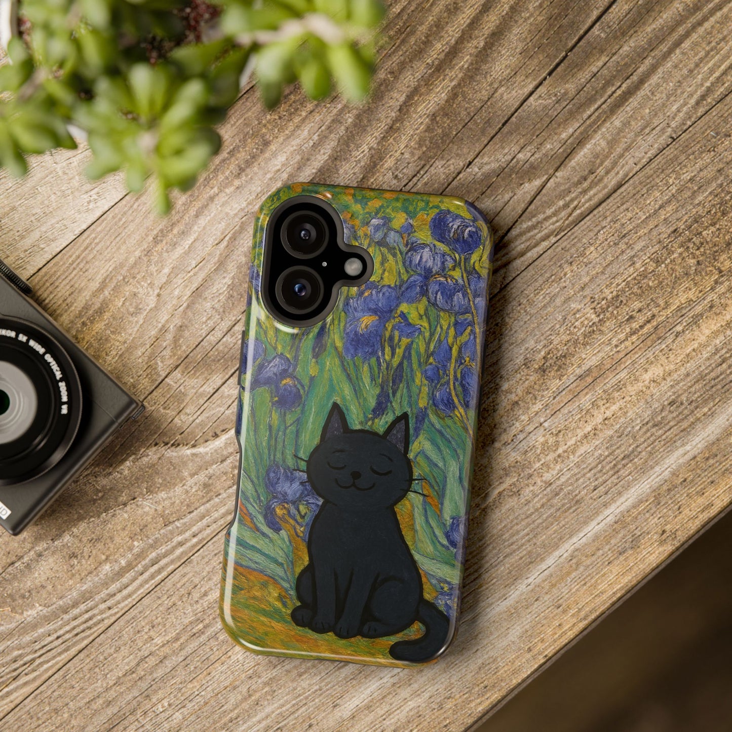 Peaceful Cat in Irises – Van Gogh Inspired – iPhone 16, 15, 14, 13 – MagSafe Magnetic Tough Case by HitStickers