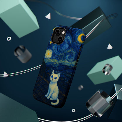 Starry Night Cat – Van Gogh Inspired – iPhone 16, 15, 14, 13 – MagSafe Magnetic Tough Case by HitStickers