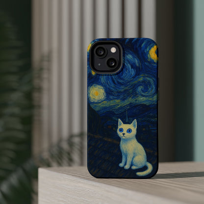 Starry Night Cat – Van Gogh Inspired – iPhone 16, 15, 14, 13 – MagSafe Magnetic Tough Case by HitStickers