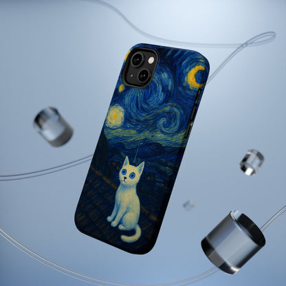 Starry Night Cat – Van Gogh Inspired – iPhone 16, 15, 14, 13 – MagSafe Magnetic Tough Case by HitStickers
