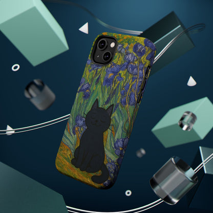 Peaceful Cat in Irises – Van Gogh Inspired – iPhone 16, 15, 14, 13 – MagSafe Magnetic Tough Case by HitStickers