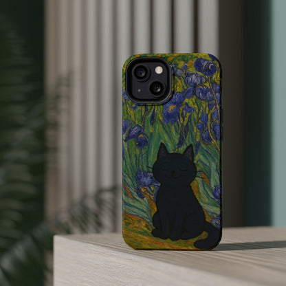Peaceful Cat in Irises – Van Gogh Inspired – iPhone 16, 15, 14, 13 – MagSafe Magnetic Tough Case by HitStickers