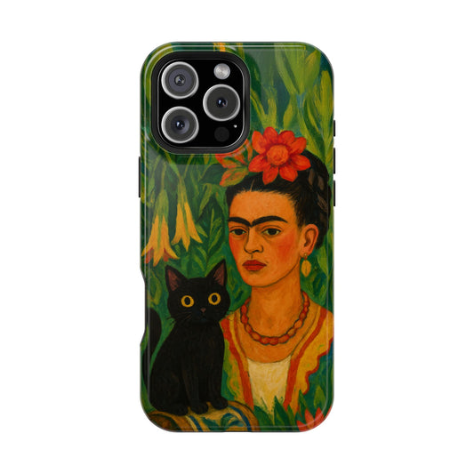 Frida & the Black Cat – Kahlo Inspired – iPhone 16, 15, 14, 13 – MagSafe Magnetic Tough Case by HitStickers