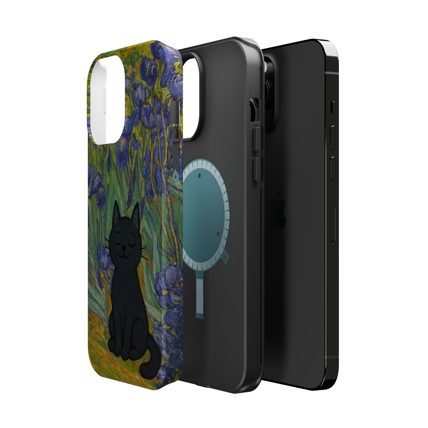 Peaceful Cat in Irises – Van Gogh Inspired – iPhone 16, 15, 14, 13 – MagSafe Magnetic Tough Case by HitStickers